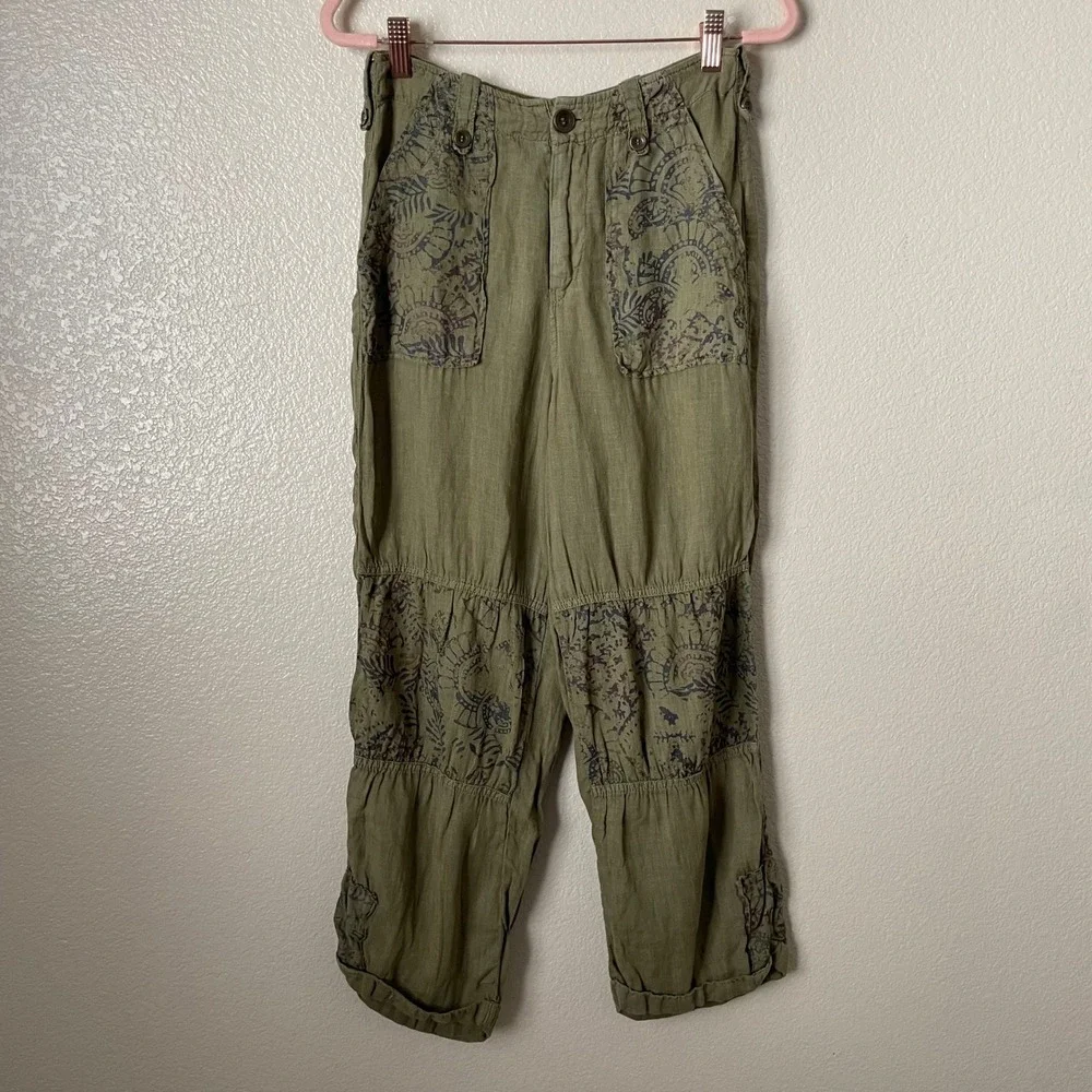 Free People Pants Womens Size 2 Green 100% Linen Boho Paisley Floral Cropped - Picture 3 of 10